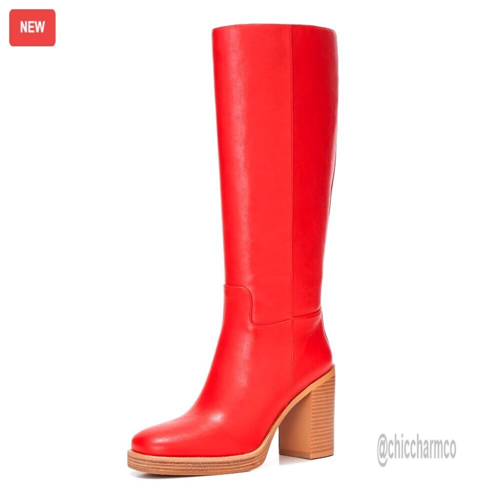 Women's Platform Knee High Boots 3.5" Chunky Heel Square Toe Side Zipper